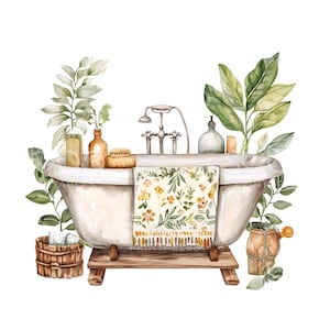 17 Boho Badkar Clipart, Blommig Badkar Clipart, Blommig Badkar, Utskrivbar Akvarell, Högkvalitativa JPG:er, Digital Nedladdning, Papperspyssel S888