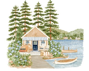 24 American Lake House Clipart, Lake House, Lakeside Cottage, Watercolor Clipart, Printable Clipart, Digital Download, Paper Craft U310
