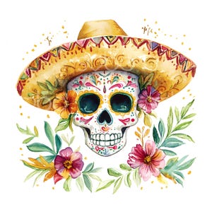 15 imágenes prediseñadas de calaveras de azúcar con sombrero, linda tarjeta del Cinco de Mayo, archivos JPG de alta calidad, arte de acuarela, descarga digital, manualidades de papel S601