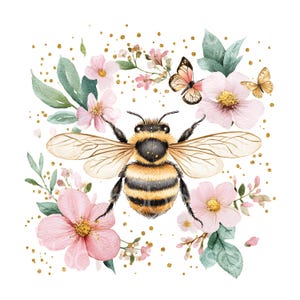 May include: Watercolor illustration of a bee with outstretched wings, surrounded by pink flowers, butterflies, green leaves, and gold flecks on a white background. The bee has black and yellow stripes.