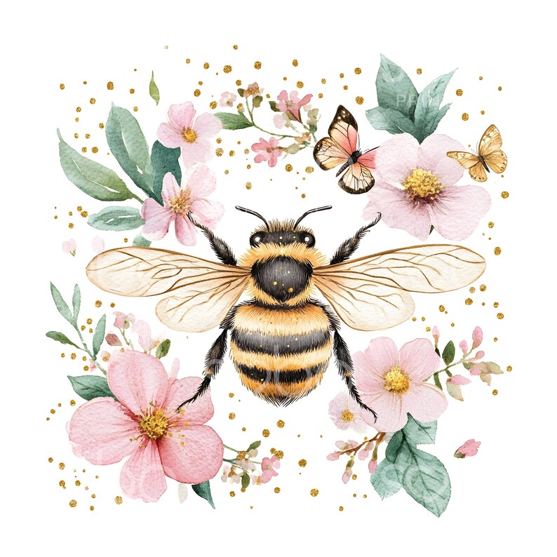 May include: Watercolor illustration of a bee with outstretched wings, surrounded by pink flowers, butterflies, green leaves, and gold flecks on a white background. The bee has black and yellow stripes.