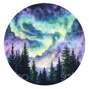 20 Aurora Borealis Circle Clipart, Pini, Aurora Boreale, Acquerello Stampabile, JPG di Alta Qualità, Download Digitale, Junk Journal S438