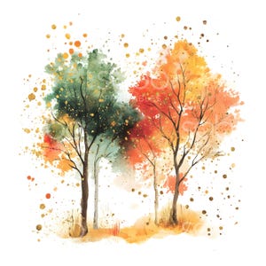 May include: Watercolor painting of trees in autumn colors. The artwork features trees with green, orange, and red foliage, accented with gold flecks. The style is soft and artistic, with a focus on color and texture, evoking a sense of the season.