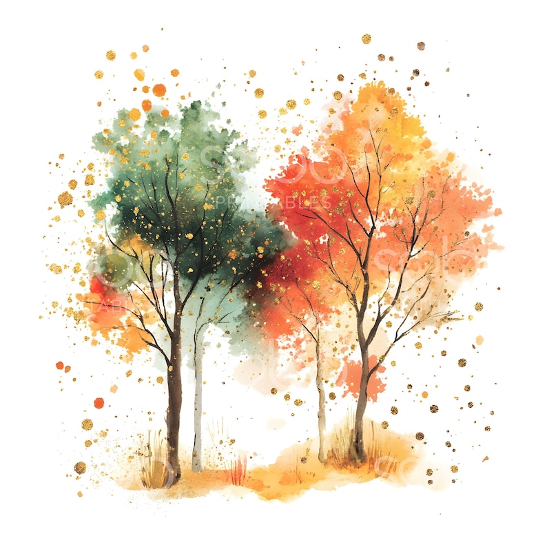 May include: Watercolor painting of trees in autumn colors. The artwork features trees with green, orange, and red foliage, accented with gold flecks. The style is soft and artistic, with a focus on color and texture, evoking a sense of the season.