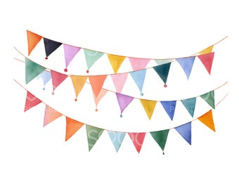 17 Colorful Bday Garland Clipart, Cute Birthday Garland Card, Watercolor Bunting, High Quality JPGs, Digital Download, Paper Craft U167