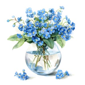 26 Clipart vase myosotis, fleurs myosotis, clipart aquarelle imprimable, fichiers JPG de haute qualité, téléchargement numérique, créations en papier S662