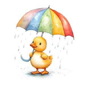 24 Duckling In Rain Clipart, Duck with Umbrella, Rainy Duckling, Printable Watercolor, High Quality JPGs, Digital Download, Paper Craft S507