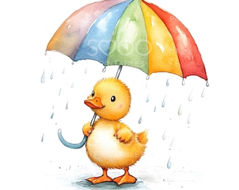 24 Patito bajo la lluvia, pato con paraguas, patito lluvioso, acuarela imprimible, archivos JPG de alta calidad, descarga digital, manualidades de papel S507