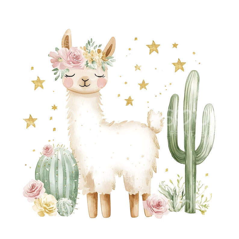 May include: A watercolor illustration of a white llama with a pink flower crown, standing in front of a green cactus. The background features gold stars.