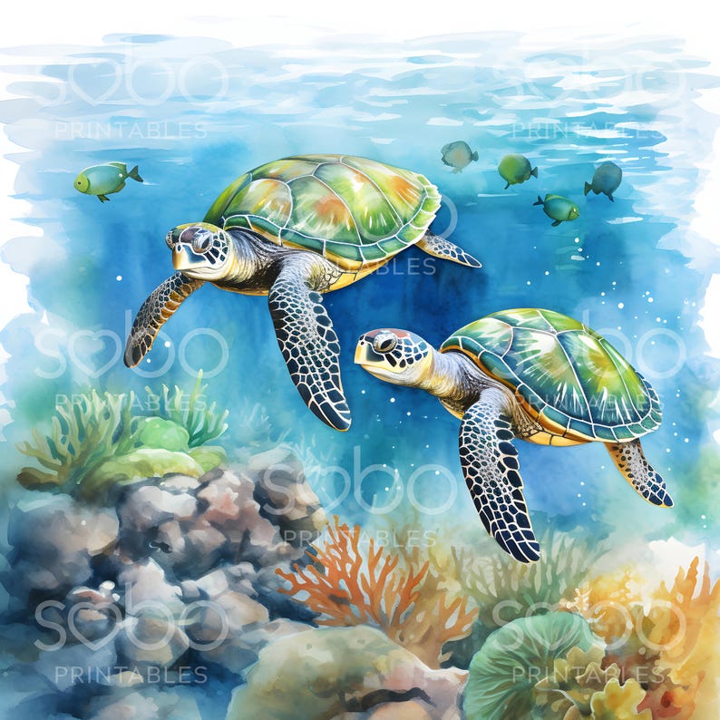 May include: Two green sea turtles swim in a blue ocean with coral reefs and small fish. The turtles have brown and green shells and are swimming in a watercolor style.