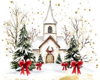 クリスマス教会クリップアート23点、クリスマス教会アート、金箔