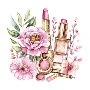28 Floral Makeup Werkzeuge Clipart, Lidschatten, Lippenstift, Kosmetik, printable Aquarell, hochwertige JPGs, digitaler Download, Papierhandwerk S965