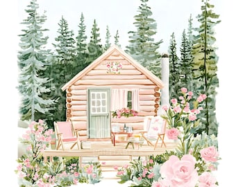 22 Girly Camping Cabin Clipart, Cute Cozy Cabin, Christmas Card, High Quality JPGs, Digital Planner, Junk Journals, Digital Download U295