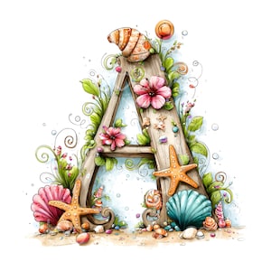 Puede incluir: Ilustración en acuarela de la letra "A" decorada con conchas marinas, estrellas de mar y flores. La letra de madera está adornada con flores rosas y naranjas, hojas verdes y una variedad de conchas marinas en tonos rosas, naranjas y azules. El diseño evoca un tema de playa.