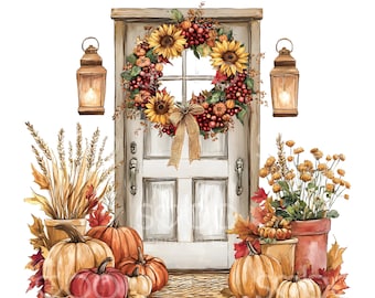 28 Harvest Wreath Door Clipart, Rustic Autumn, Farmhouse Door, Printable Watercolor, High Quality JPGs, Digital Download, Paper Craft U305