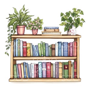 May include: A wooden bookshelf with two shelves filled with colourful books. There are two green potted plants on top of the shelf, one with pink flowers.