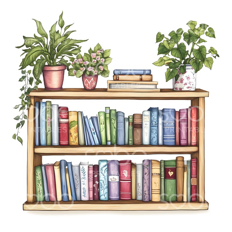May include: A wooden bookshelf with two shelves filled with colourful books. There are two green potted plants on top of the shelf, one with pink flowers.