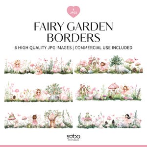 6 bordures de clipart jardin féerique, jardin féerique rose licorne, forêt enchantée champignons, lapin, cerf, floral, bordure de chambre de fée magique S178