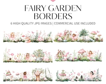 6 Fairy Garden Clipart Borders, Unicorn Pink Fairy Garden, Enchanted Forest Mushroom, Bunny, Deer, Floral, Magical Fairy Nursery Border S178