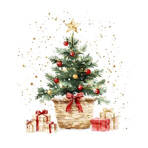 May include: A watercolour illustration of a Christmas tree adorned with red and gold baubles, a gold star, and fairy lights. The tree is in a woven basket with a red bow, surrounded by wrapped gifts with red and gold ribbons.