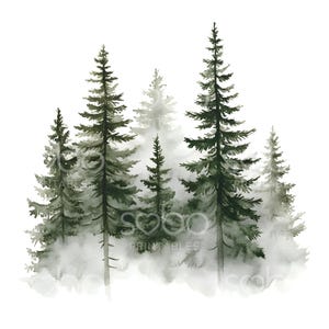 26 Clipart di foreste di pini, alberi sempreverdi nebbiosi, paesaggio naturale, JPG di alta qualità, download digitale, alberi ad acquerello stampabili S351