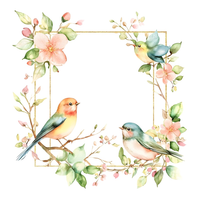 19 Floral Bird Frame Clipart, Cute Watercolor Birds, Frames Art, Print ...