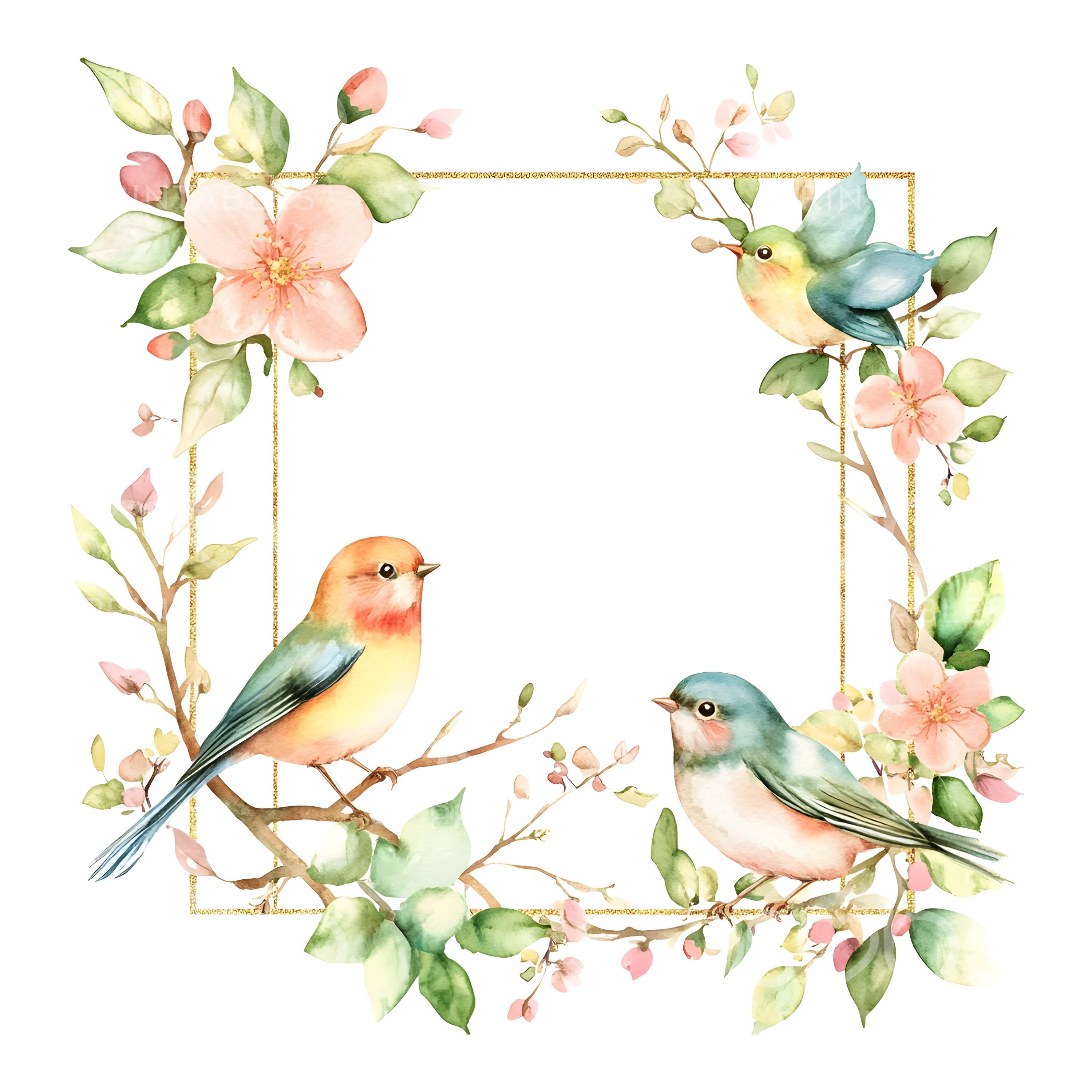 19 Floral Bird Frame Clipart, Cute Watercolor Birds, Frames Art, Print ...