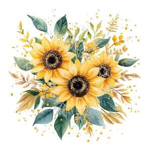 20 Clipart arrangement tournesol, art bouquet tournesol, fichiers JPG de haute qualité, aquarelle, téléchargement numérique, créations en papier, journal indésirable S742