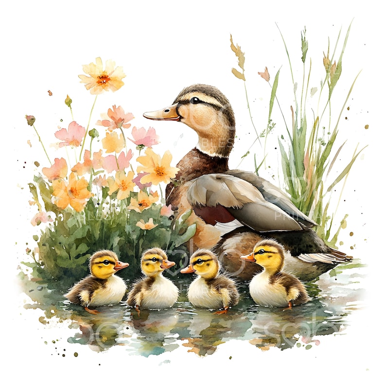 Pode incluir: Uma pintura em aquarela de uma m&atilde;e pato e seus patinhos. A m&atilde;e pato &eacute; marrom e branca com um bico amarelo. Os patinhos s&atilde;o amarelos com olhos pretos. Os patos est&atilde;o nadando em um lago com plantas verdes e flores amarelas.