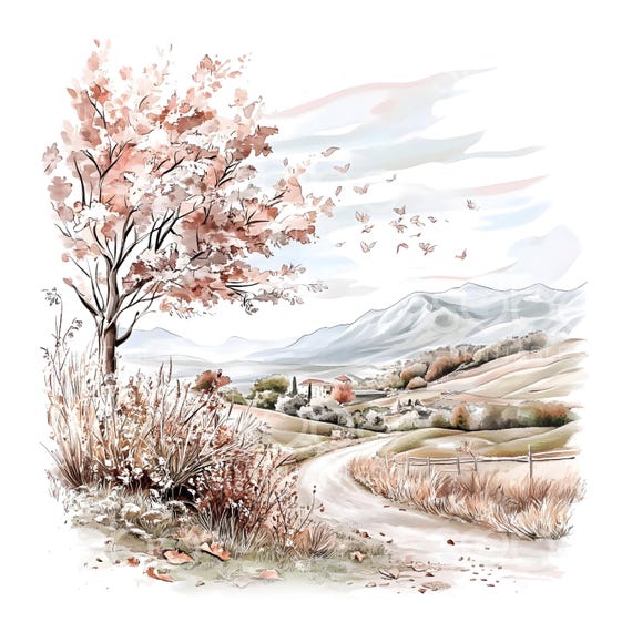 24 Dreamy Landscape Clipart, Meadow Landscape, Printable Watercolor, High Quality JPGs, Digital Download, Paper Craft, Junk Journal S987