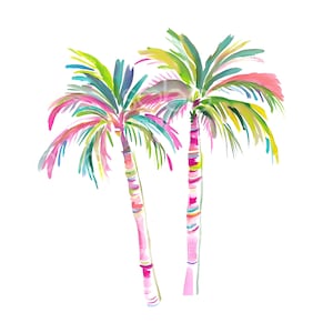 May include: Two watercolour palm trees with colourful trunks and green leaves against a white background.