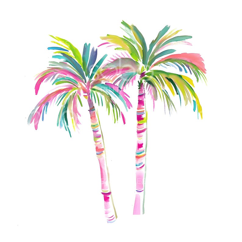 May include: Two watercolour palm trees with colourful trunks and green leaves against a white background.