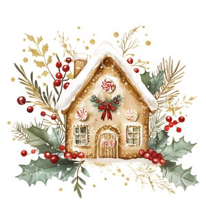 16 Lebkuchenhaus Clipart, Gold Weihnachten, Aquarell Weihnachtskarte, hochwertige JPG, digitaler Download, Papier Handwerk Junk Journal S290