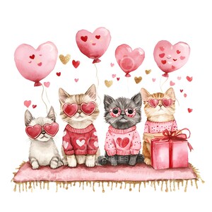 May include: Four watercolor painted cats wearing pink sweaters and heart-shaped sunglasses. The cats are sitting on a pink rug with gold glitter. There are pink heart-shaped balloons floating above the cats.