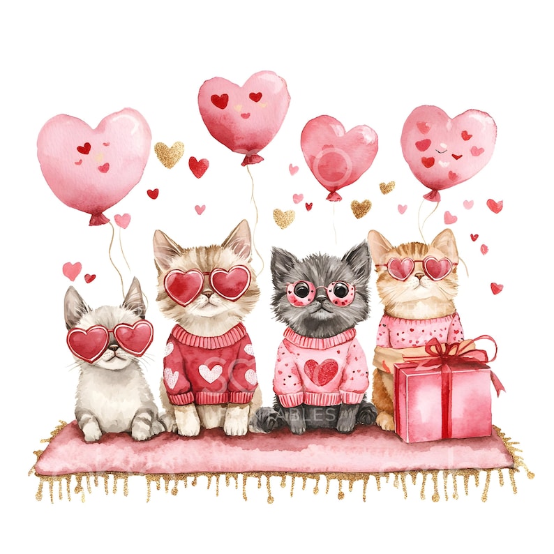 May include: Four watercolor painted cats wearing pink sweaters and heart-shaped sunglasses. The cats are sitting on a pink rug with gold glitter. There are pink heart-shaped balloons floating above the cats.