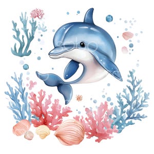18 Coral Reef Dolphin Clipart, Tropical Dolphin, Ocean Life Printable Watercolor Art, High Quality JPGs, Digital download, Paper Craft S261