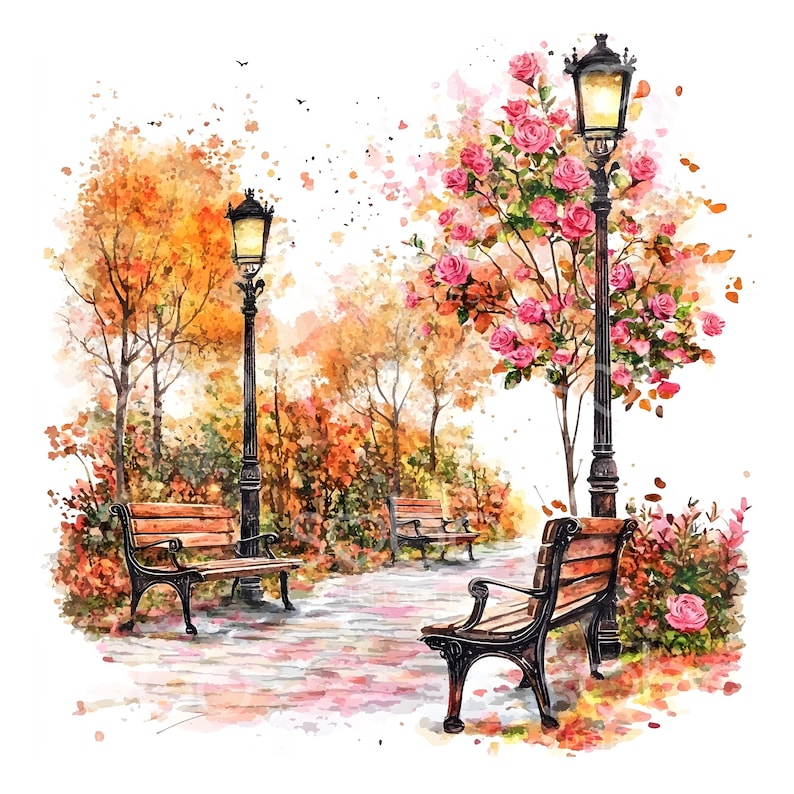 28 Autumn Fall Bench Clipart, Autumn Garden, Printable Watercolor ...