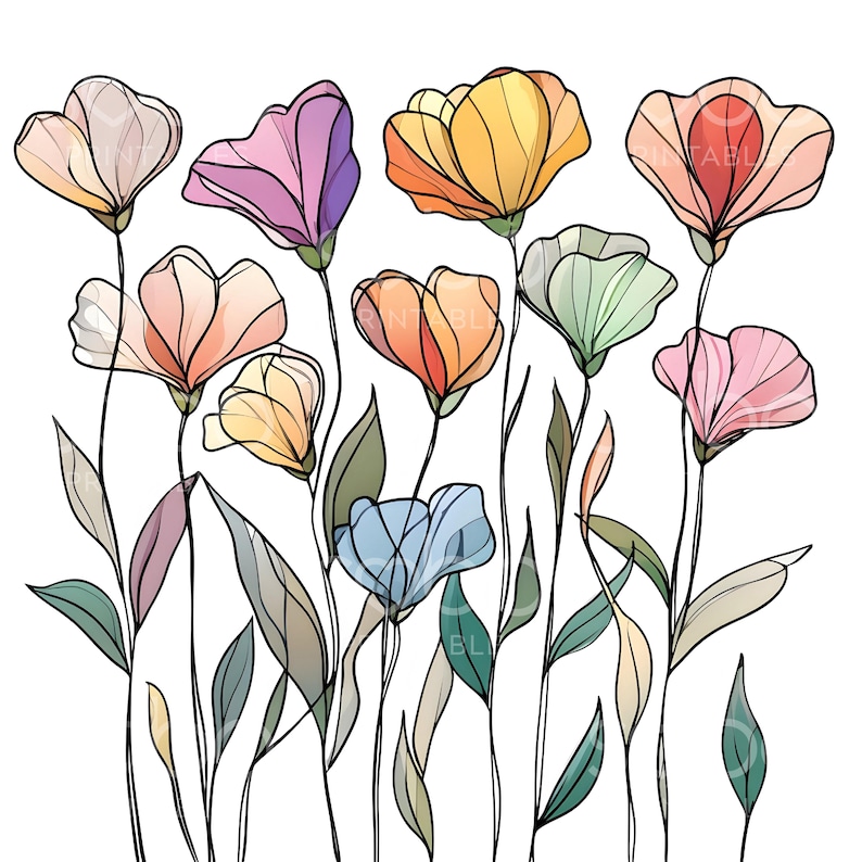 23 Stained Glass Wildflowers Clipart, Abstract Flowers Wall Art, High