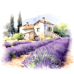 20 Lavendelfeld Haus Clipart, Frankreich Clipart, druckbare Aquarell Clipart, hochwertige JPGs, digitaler Download Wand Kunst Papier Handwerk S120