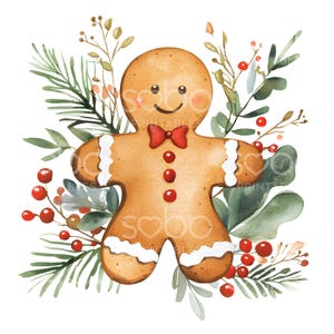 May include: A gingerbread man with a red bow tie surrounded by green leaves and red berries. Watercolor illustration.