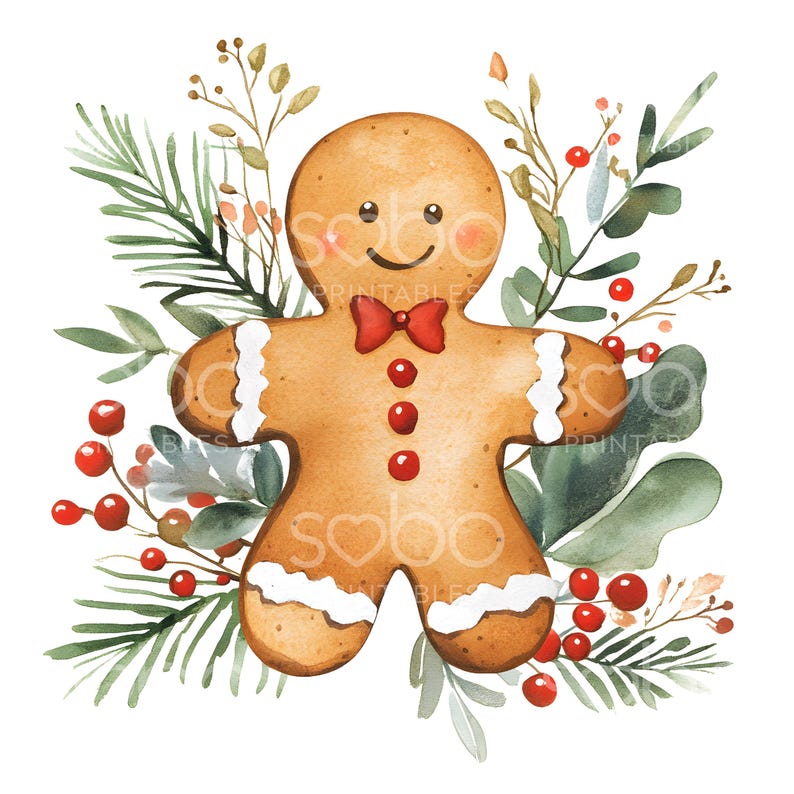 May include: A gingerbread man with a red bow tie surrounded by green leaves and red berries. Watercolor illustration.