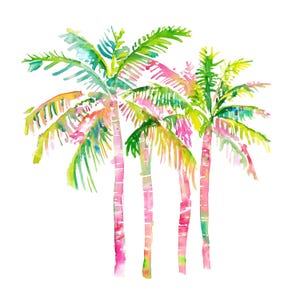 May include: Watercolour painting of three palm trees in shades of pink, green and yellow. The trees are set against a white background.