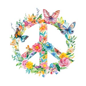 20 Clipart di simboli di pace floreali, simboli di pace retrò, arte di fiori e farfalle, JPG di alta qualità, download digitale, artigianato di carta, diario di spazzatura S453