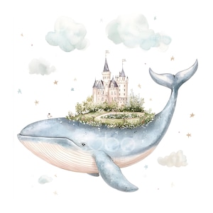 20 imágenes prediseñadas de ballenas caprichosas, linda ballena en el cielo, arte místico para guardería, JPG de alta calidad, descarga digital, manualidades de papel, diario basura S770