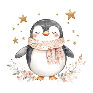 24 imágenes prediseñadas de pingüinos bohemios, imágenes prediseñadas doradas para guardería infantil, imágenes prediseñadas de pingüinos para cumpleaños de niño, primer cumpleaños, guardería infantil, arte caprichoso de pingüinos S800