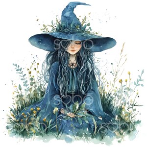May include: A watercolour illustration of a witch with long blue hair wearing a blue pointed hat with green leaves. She is sitting in a field of green grass and yellow flowers.
