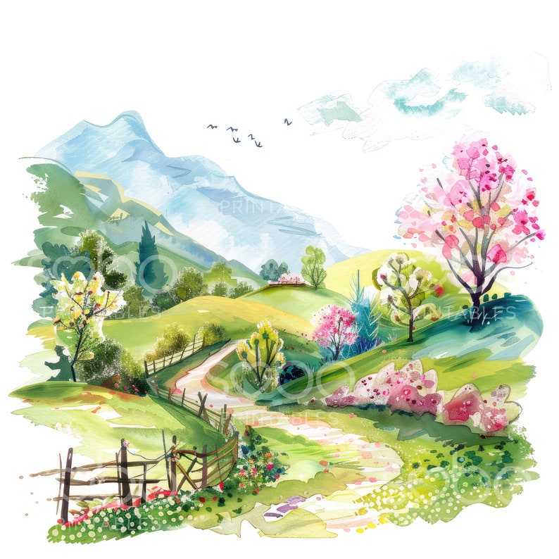K&ouml;nnte beinhalten: Ein Aquarellbild eines gewundenen Weges durch ein gr&uuml;nes Tal mit Bergen im Hintergrund. Der Weg ist von B&auml;umen und Blumen ges&auml;umt, und auf der linken Seite des Bildes befindet sich ein Holzzaun.
