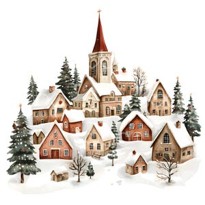 21 Clipart village de Noël, jolies maisons Cottagecore, création de cartes de Noël de grange, fichiers JPG de haute qualité, agenda numérique, téléchargement numérique S285