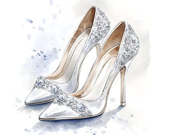 22 White Wedding Heels Clipart, Sparkle Bridal Shoes Clipart, Printable Watercolor, High Quality JPGs, Digital Download, Paper Craft S599