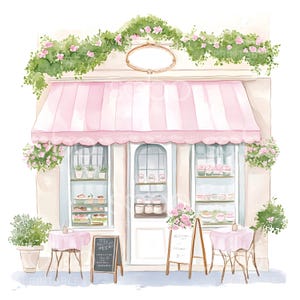 May include: A watercolor illustration of a pink and white striped awning over a storefront with a sign that reads "The Sweetest Place". The storefront has two windows displaying pastries and a door with a sign that reads "Welcome". There are two tables with pink tablecloths and chairs outside the store.